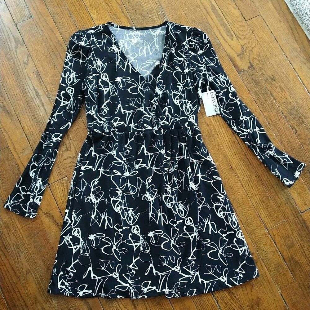 New Nine West Faux Wrap Mini Dress Women's Medium Long Sleeve Black Scribble